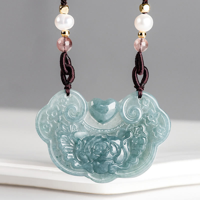 Nimara Ritual Natural Jade Peony Flower Lock of Good Wishes Prosperity Necklace Pendant