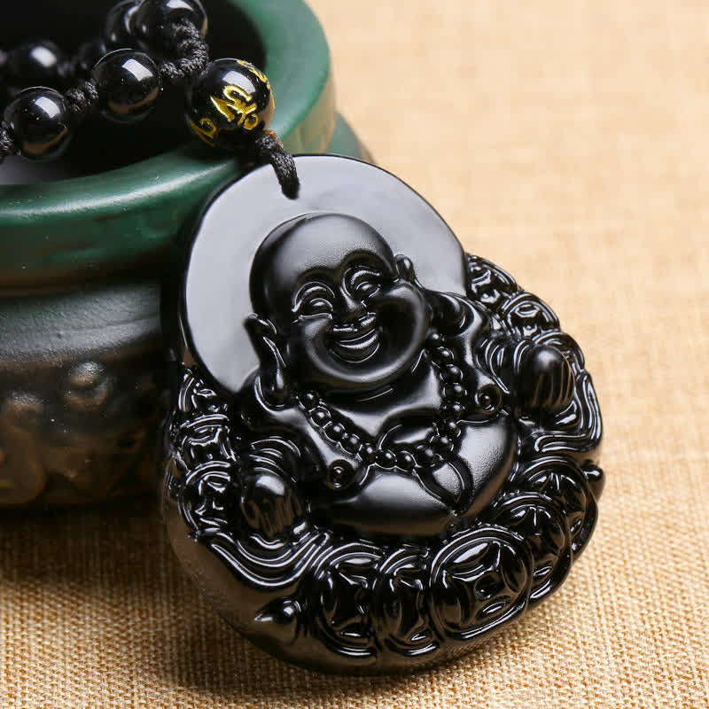 Nimara Ritual Laughing Buddha Black Obsidian Strength Protection Pendant Necklace