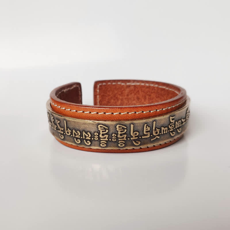 Nimara Ritual 2Pcs Om Mani Padme Hum Dragon Phoenix Copper Leather Peace Cuff Bracelet Bangle