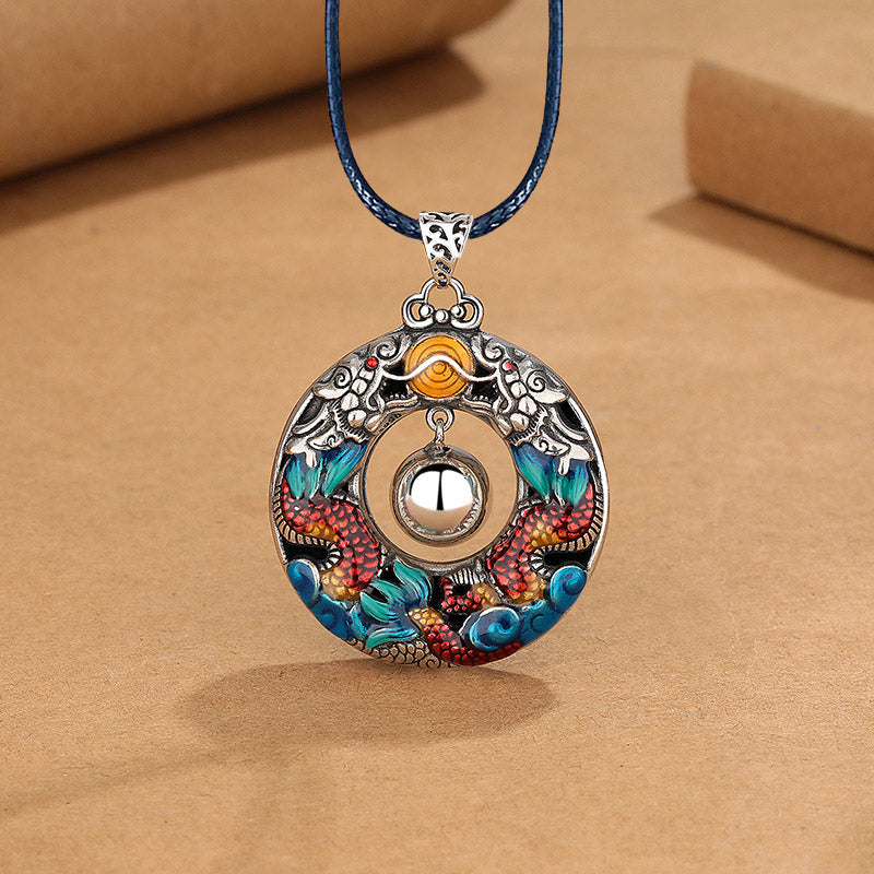Nimara Ritual Year of the Dragon Colorful Double Dragons Playing Bead Copper Protection Necklace Pendant