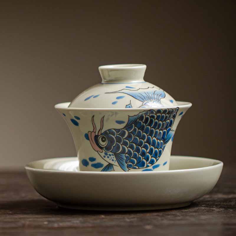 Nimara Ritual Koi Fish Arowana Ceramic Gaiwan Sancai Teacup Kung Fu Tea Cup With Lid 130ml