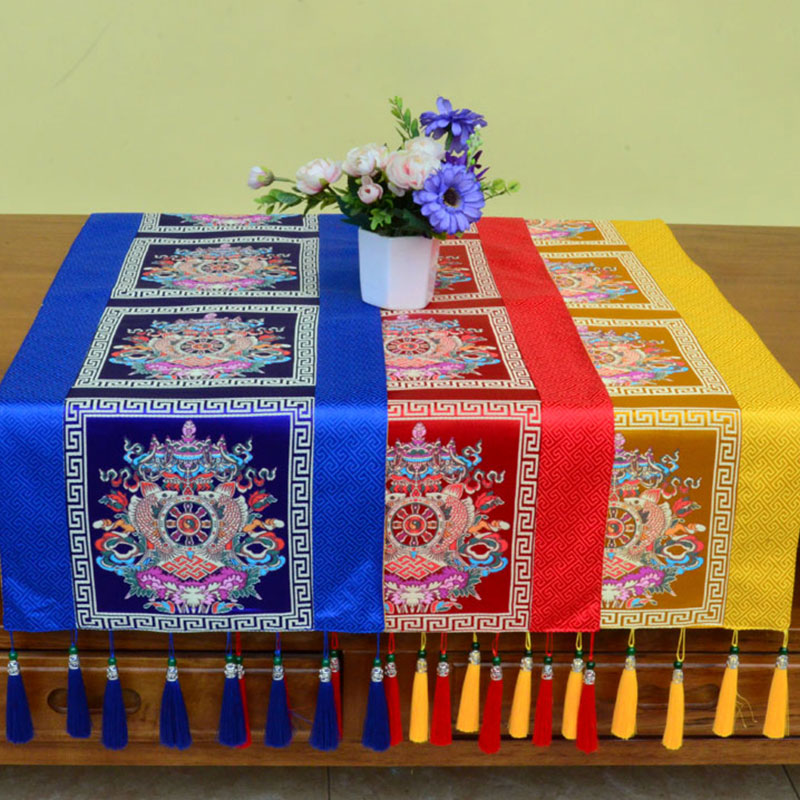 Nimara Ritual Prayer Altar Mat Man-Bcu Kalachakra Endless Knot Vajra Tibetan Auspicious Symbols Tassels Table Runner