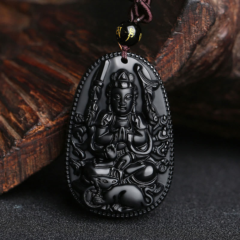 Nimara Ritual Chinese Zodiac Natal Buddha Natural Black Obsidian Purification Necklace Pendant