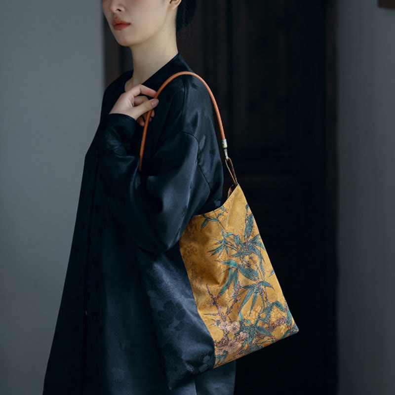 Nimara Ritual Bamboo Leaves Flower Butterfly Persimmon Shoulder Bag Handbag