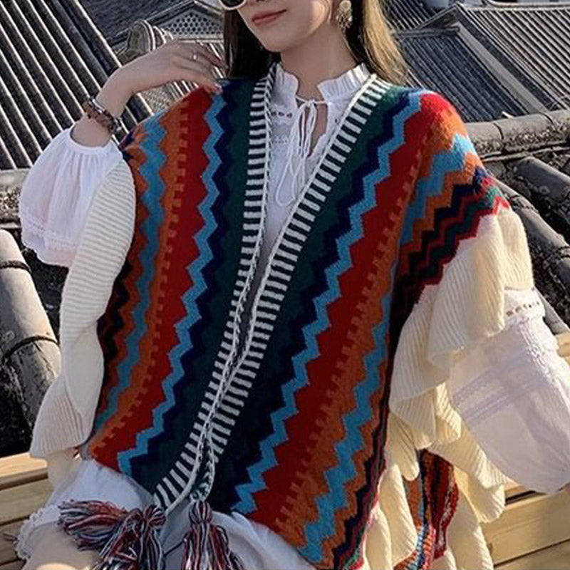 Nimara Ritual Tibetan Shawl Colorful Striped Wavy Line Tassels Winter Cozy Travel Scarf Wrap