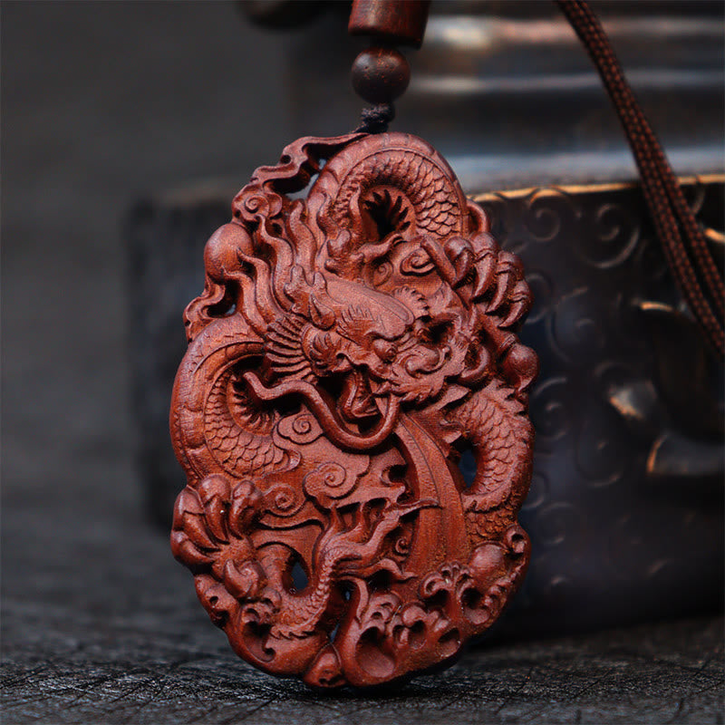 Nimara Ritual Lightning Struck Jujube Wood Double Dragon Relief Ward Off Evil Spirits Necklace Pendant
