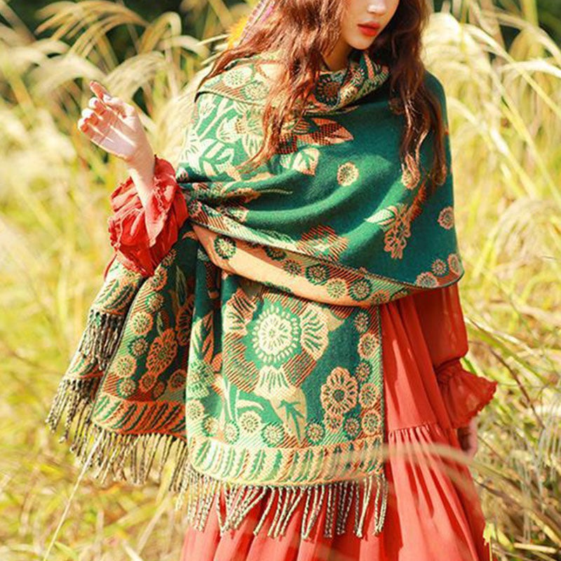 Nimara Ritual Tibetan Flower Floral Leaves Pattern Design Shawl Cozy Travel Scarf Wrap