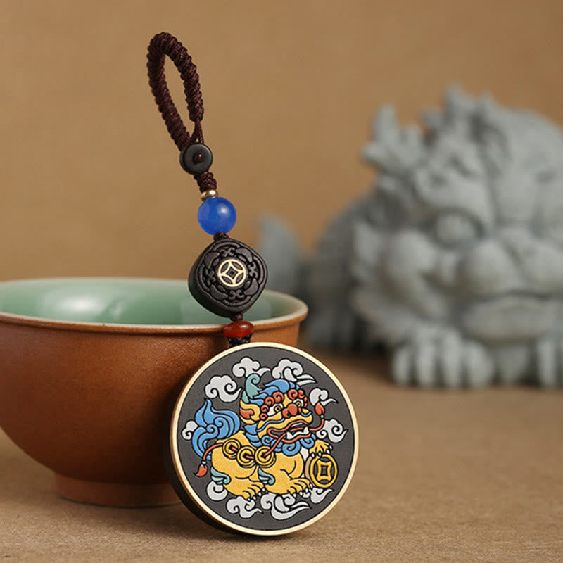 Nimara Ritual PiXiu Copper Coin Ebony Wood Luck Attract Wealth Key Chain Decoration