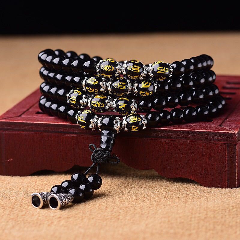 Nimara Ritual Black Obsidian Six True Words Protection Mala Bracelet