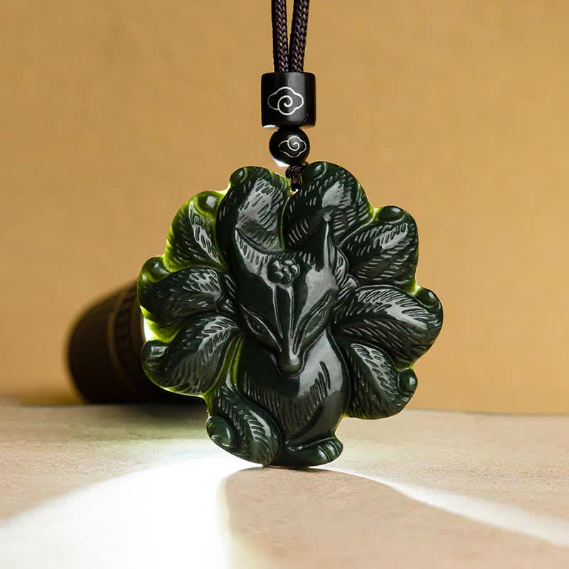 Nimara Ritual Hetian Cyan Jade Nine Tailed Fox Luck Necklace String Pendant