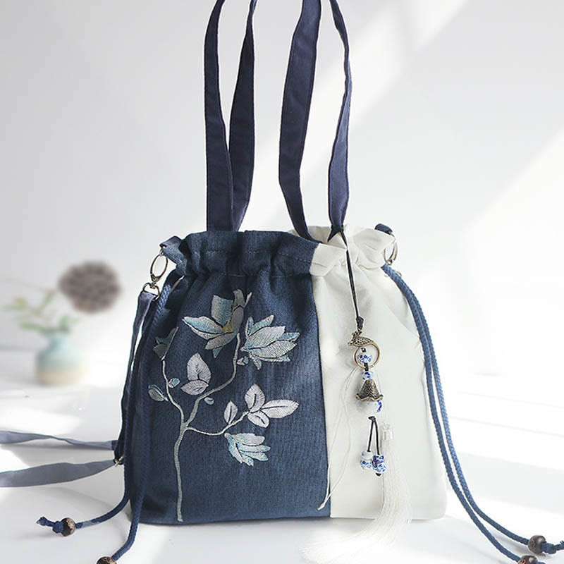 Nimara Ritual Embroidered Grass Flowers Cherry Blossom Canvas Tote Crossbody Bag Shoulder Bag Handbag