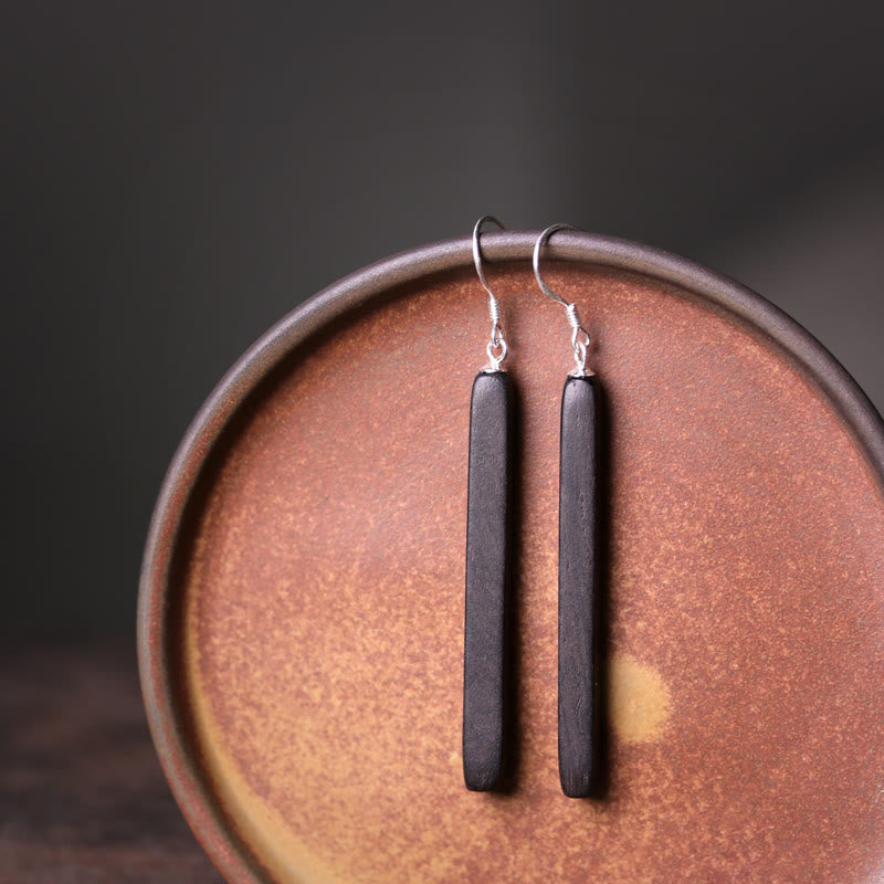 Nimara Ritual 925 Sterling Silver Ebony Wood Texture Balance Peace Drop Dangle Earrings