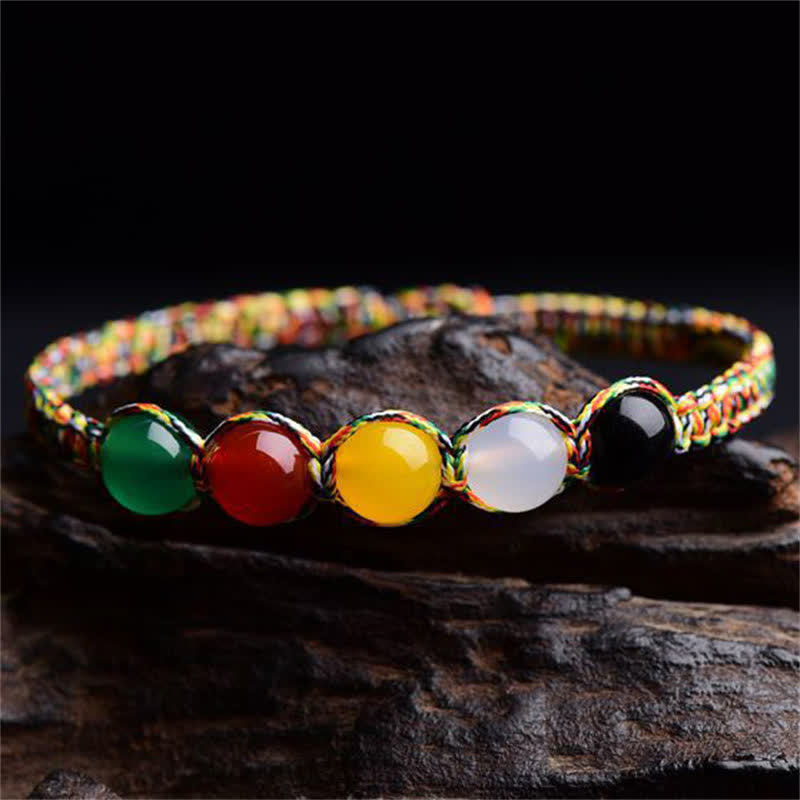 Nimara Ritual Colorful Agate Metal Wood Water Fire Earth Five Elements String Bracelet