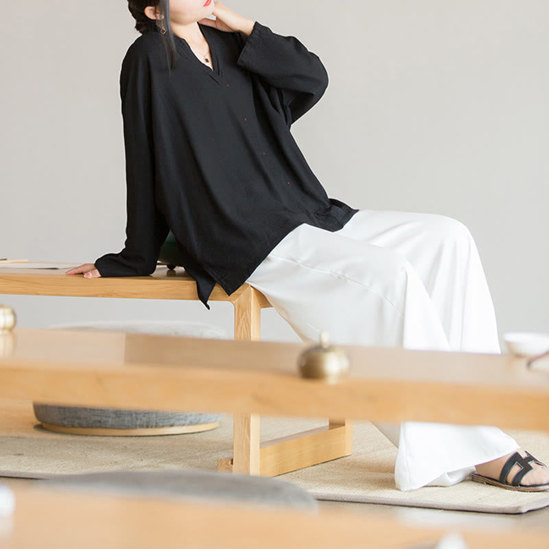Nimara Ritual V-Neck Blouse Women Shirt Long Sleeve Top Chinese Hanfu Style Clothing