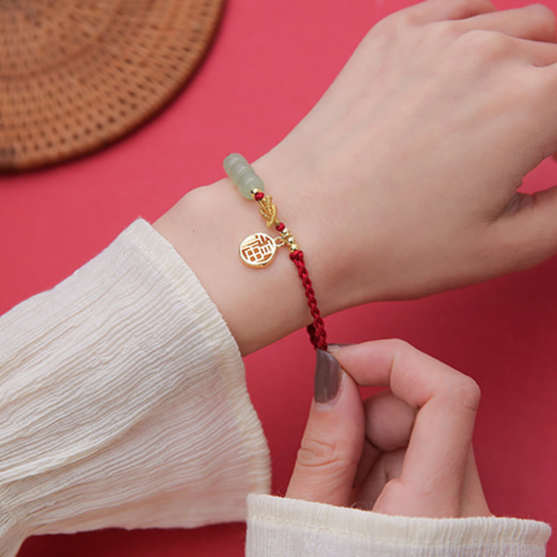 Nimara Ritual Handcrafted Jade Bead Fu Character Charm Luck Red Rope Bracelet