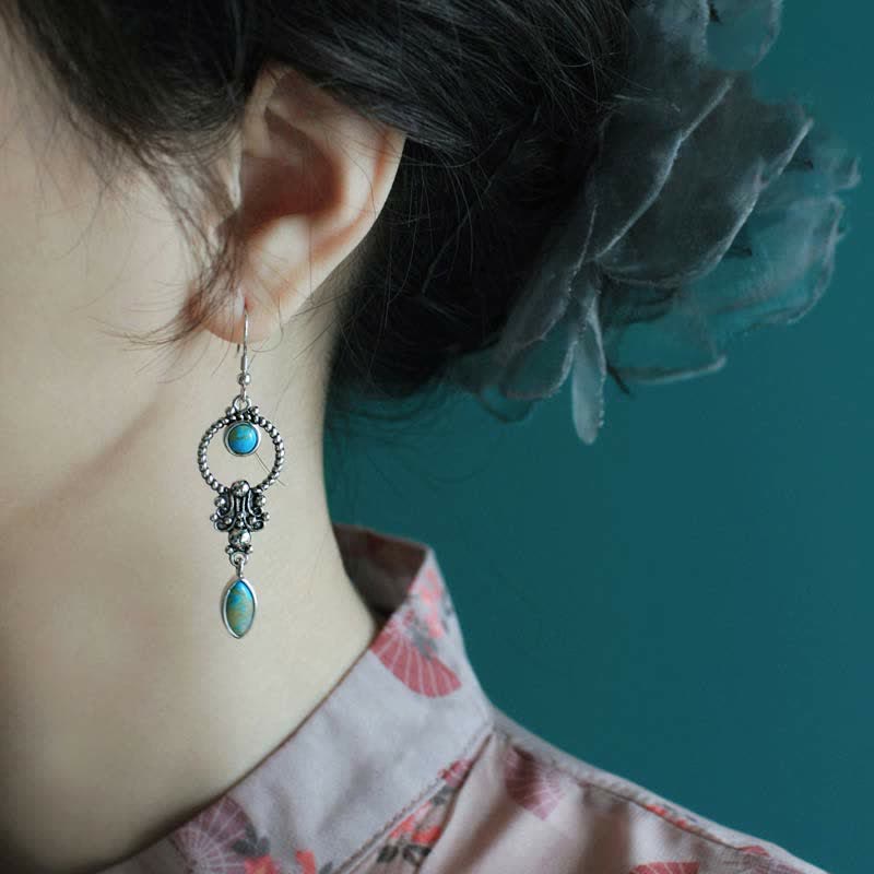 Nimara Ritual 925 Sterling Silver Hook Vintage Copper Plated Silver Turquoise Waterdrop Pattern Balance Drop Dangle Earrings