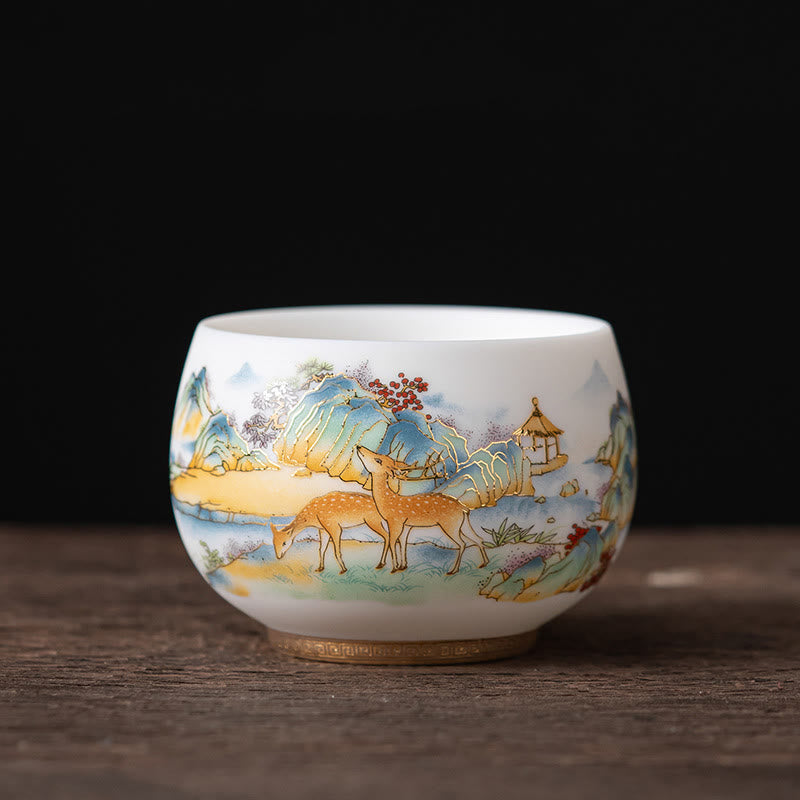 Nimara Ritual Phoenix Dragon Lotus Deer Ancient Building Koi Fish Ceramic Teacup Kung Fu Tea Cups