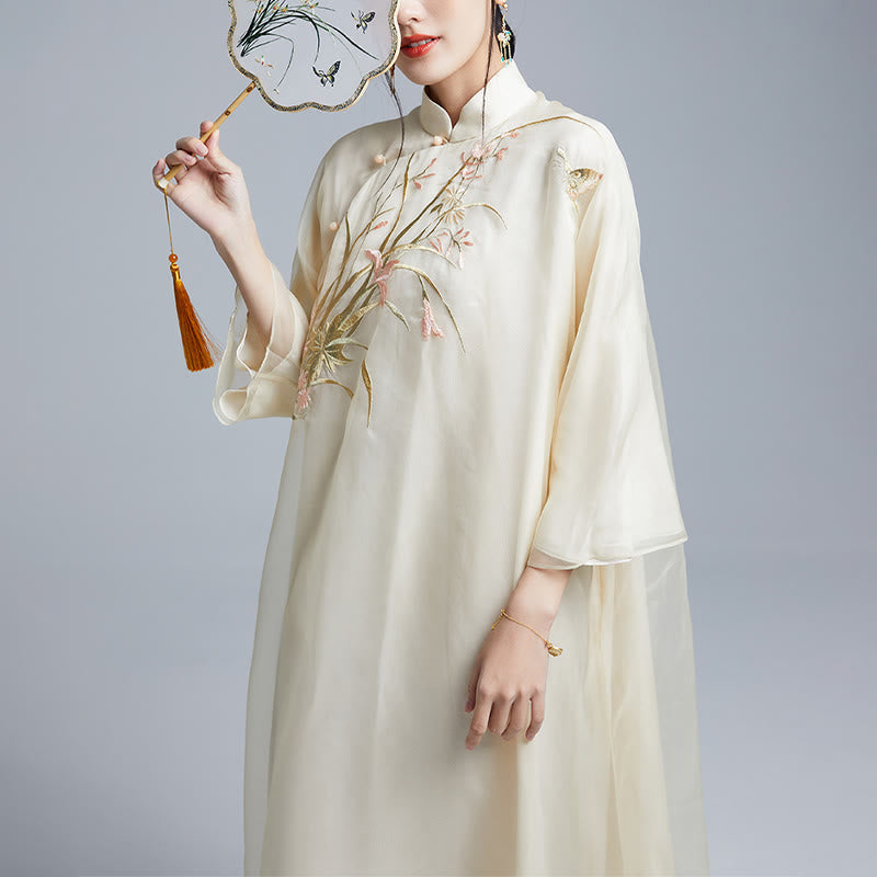 Nimara Ritual 100% Mulberry Silk 6 Momme Dress Vintage Flower Butterfly Embroidery Qipao Dress Women's Cheongsam Dress