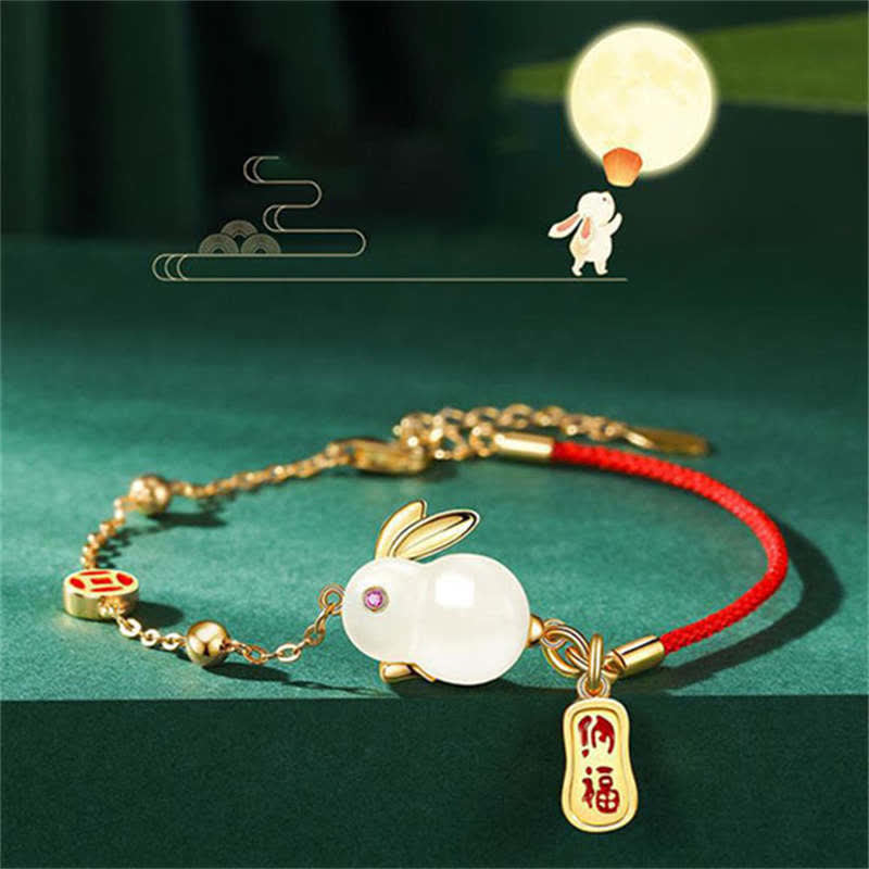 Nimara Ritual Year of the Rabbit White Jade Happiness Red String Chain Bracelet