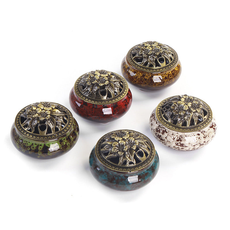 Nimara Ritual Flower Pattern Ceramic Blessing Meditation Incense Burner Decoration