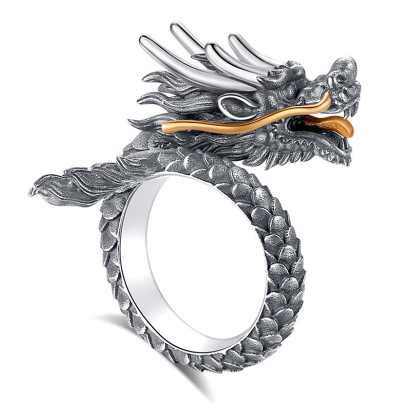 Nimara Ritual 925 Sterling Silver Vintage Dragon Design Protection Strength Adjustable Ring