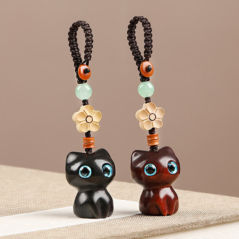 Nimara Ritual Mini Small Leaf Red Sandalwood Ebony Wood Lucky Cat Lovely Kitty Peace Key Chain Phone Hanging Decoration