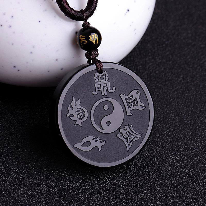 Nimara Ritual Natural Black Obsidian Taoism Five Sacred Mountains Nine-Character Mantra Carved Strength Yin Yang Necklace Pendant Key Chain