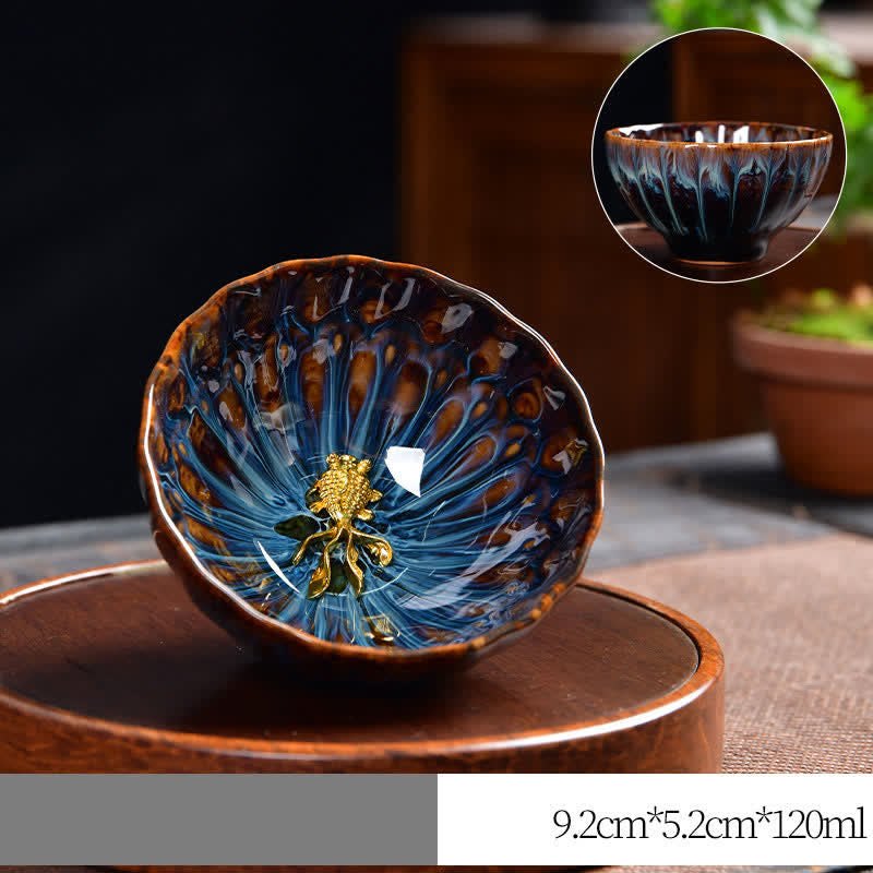 Nimara Ritual Lotus Peacock Dragon Phoenix Koi Fish Ceramic Teacup Inlaid Tea Cups 120ml