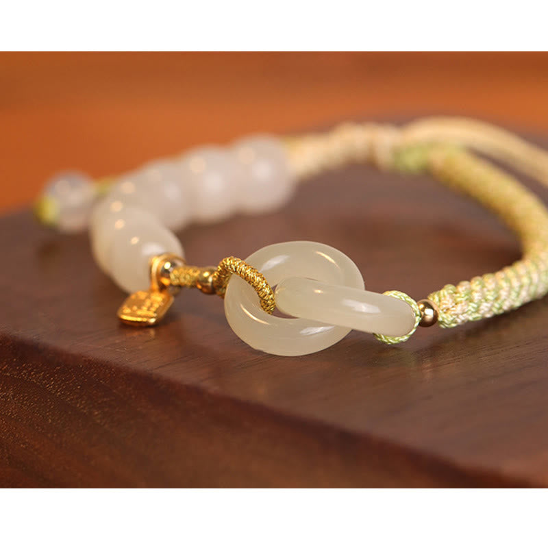 Nimara Ritual Natural Hetian Jade Bead Double Peace Buckle Fu Character Abundance Braided Bracelet