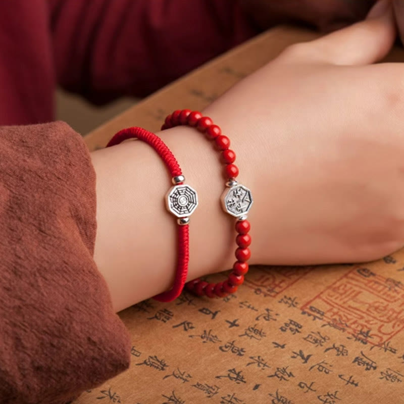 Nimara Ritual 925 Sterling Silver Yin Yang Bagua Symbol Cinnabar String Concentration Bracelet