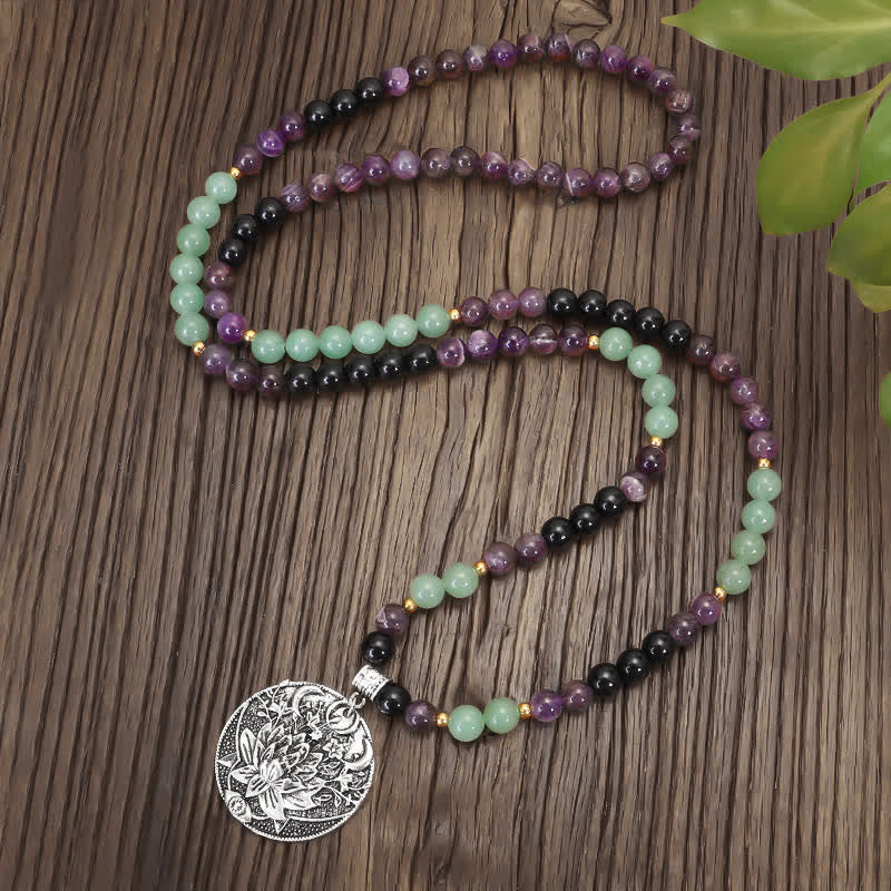Nimara Ritual 108 Mala Beads Amethyst Green Aventurine Lotus Meditation Bracelet