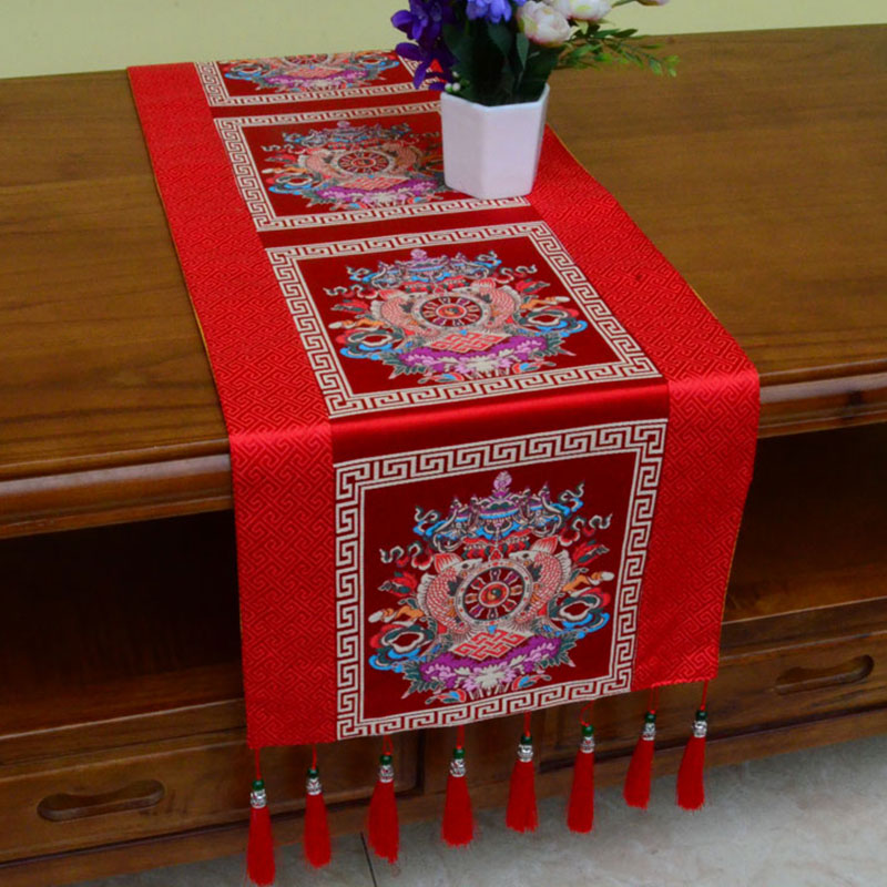 Nimara Ritual Prayer Altar Mat Man-Bcu Kalachakra Endless Knot Vajra Tibetan Auspicious Symbols Tassels Table Runner