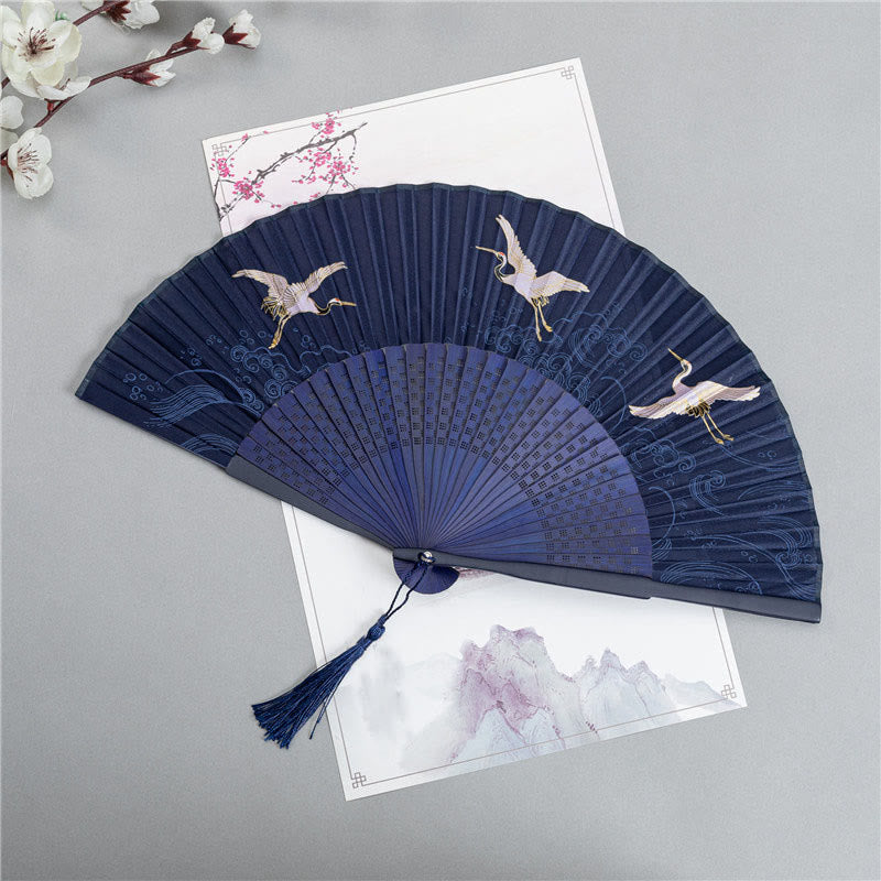 Nimara Ritual Crane Dragonfly Lotus Peony Plum Blossom Butterfly Handheld Silk Bamboo Folding Fan 22.5cm