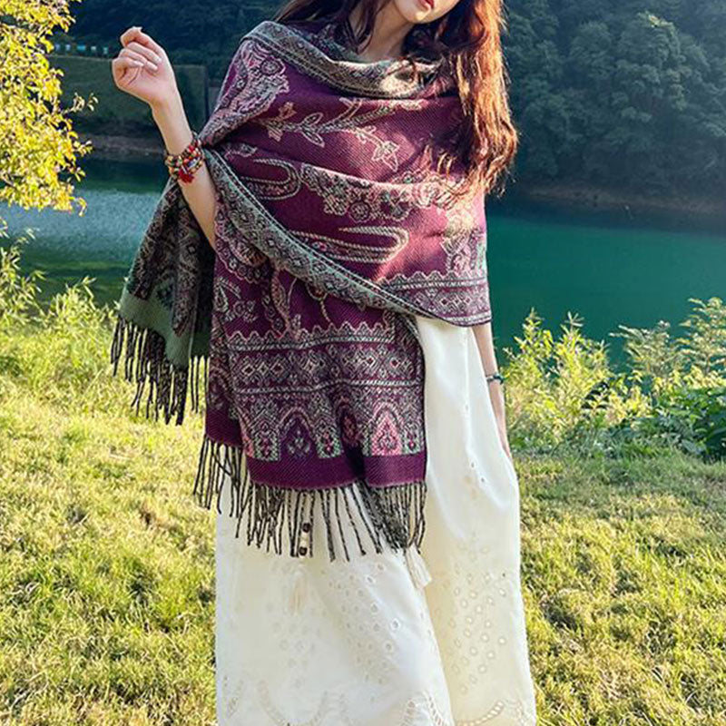 Nimara Ritual Vintage Tibetan Leaves Pattern Design Shawl Cozy Travel Scarf Wrap