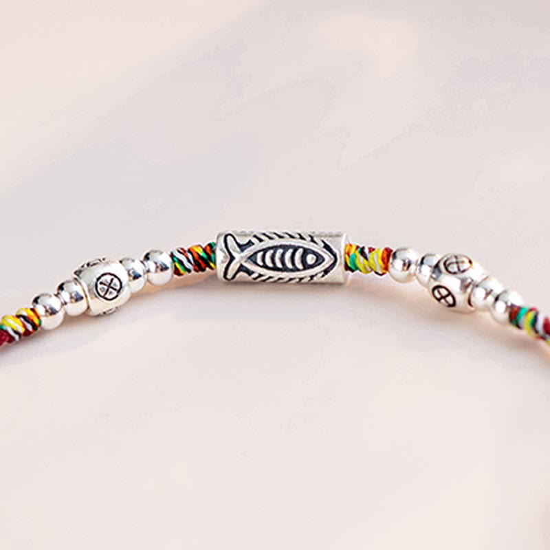 Nimara Ritual 925 Sterling Silver Luck Koi Fish Braided Colorful String Bracelet Anklet