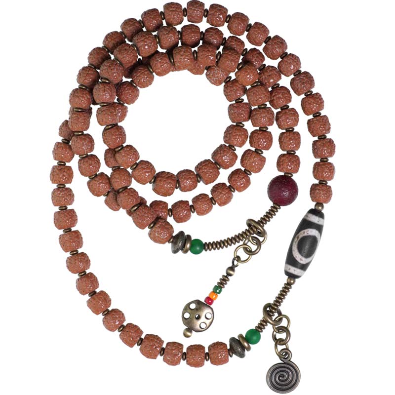 Nimara Ritual 108 Mala Rudraksha Beads Bodhi Seed Dzi Bead Luck Auspiciousness Tassel Bracelet