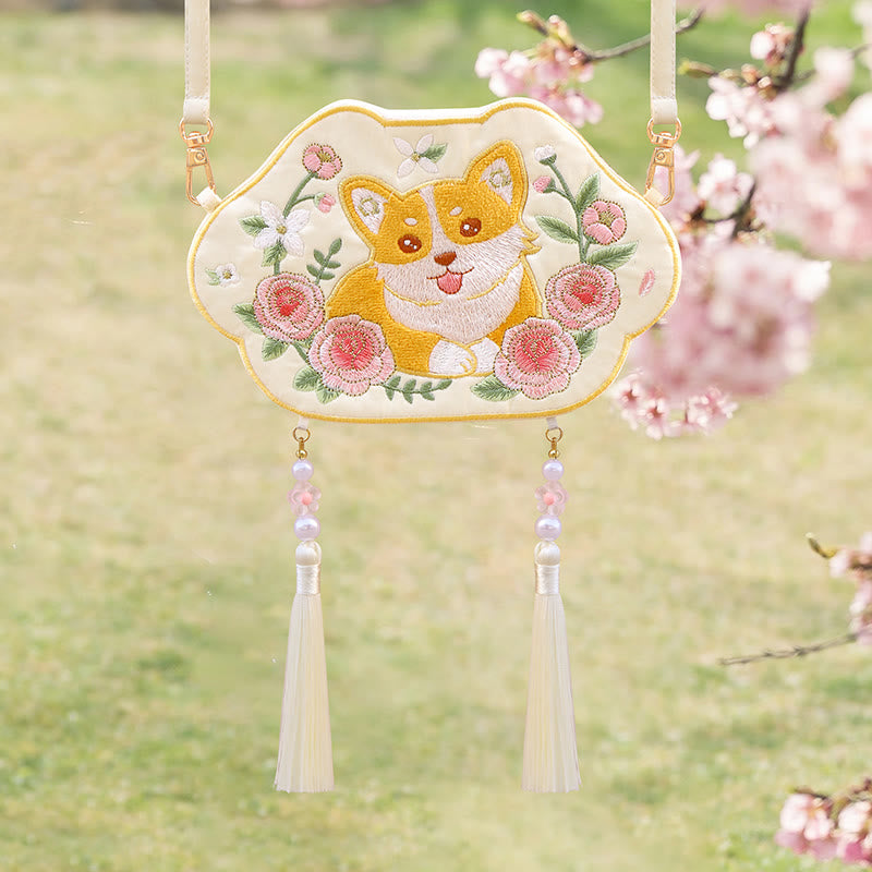 Nimara Ritual Embroidery Lucky Panda Cat Shiba Inu Deer Rabbit Fox Flower Cute Animal Hanfu Bag Crossbody Bag Shoulder Bag