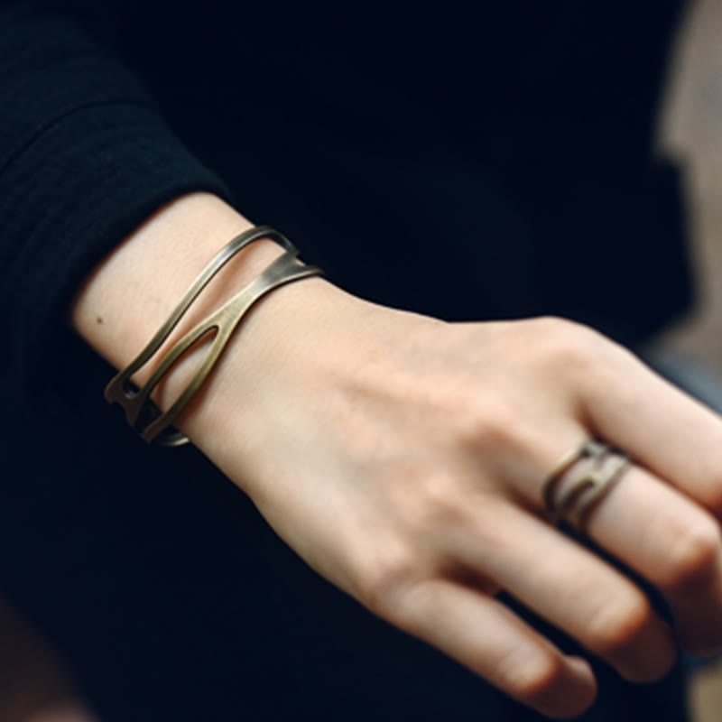 Nimara Ritual Vintage Curved Copper Brass Wealth Adjustable Cuff Bracelet Bangle