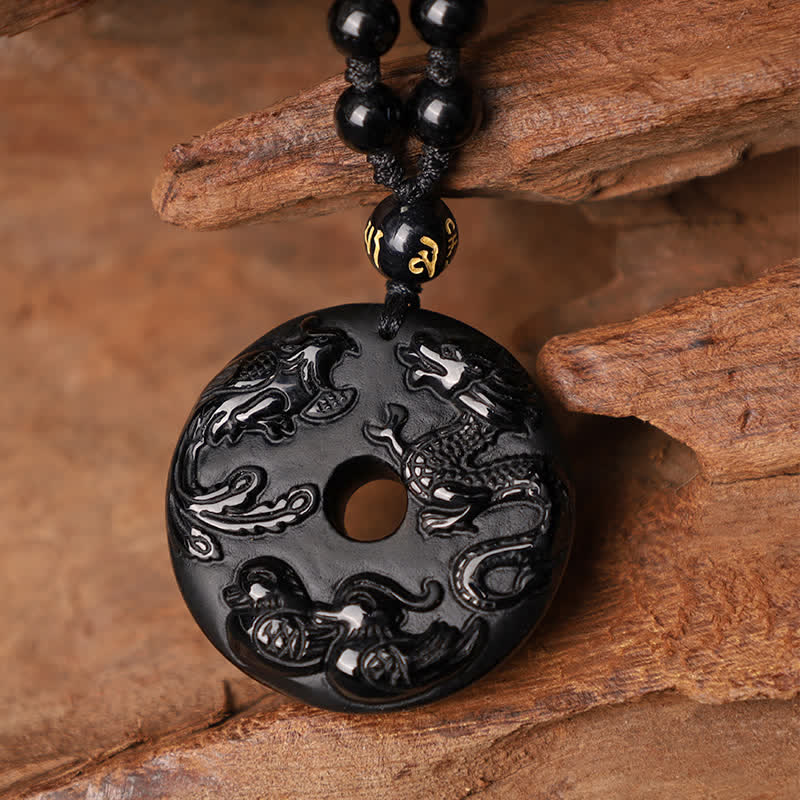 Nimara Ritual Black Obsidian Dragon Phoenix Mandarin Duck Luck Protection Necklace Pendant