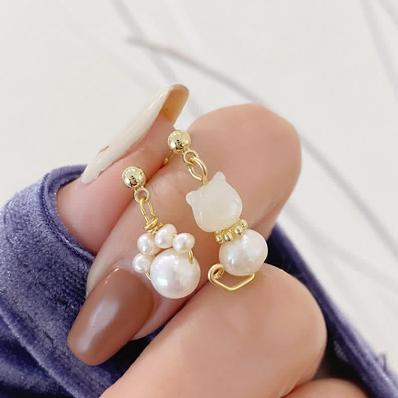 Nimara Ritual Cute Cat Paw Pearl Wisdom Stud Drop Earrings