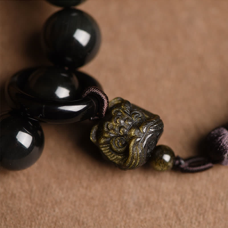 Nimara Ritual Natural Black Obsidian Lion Wrist Mala Protection Tassels Pocket Mala Car Decoration