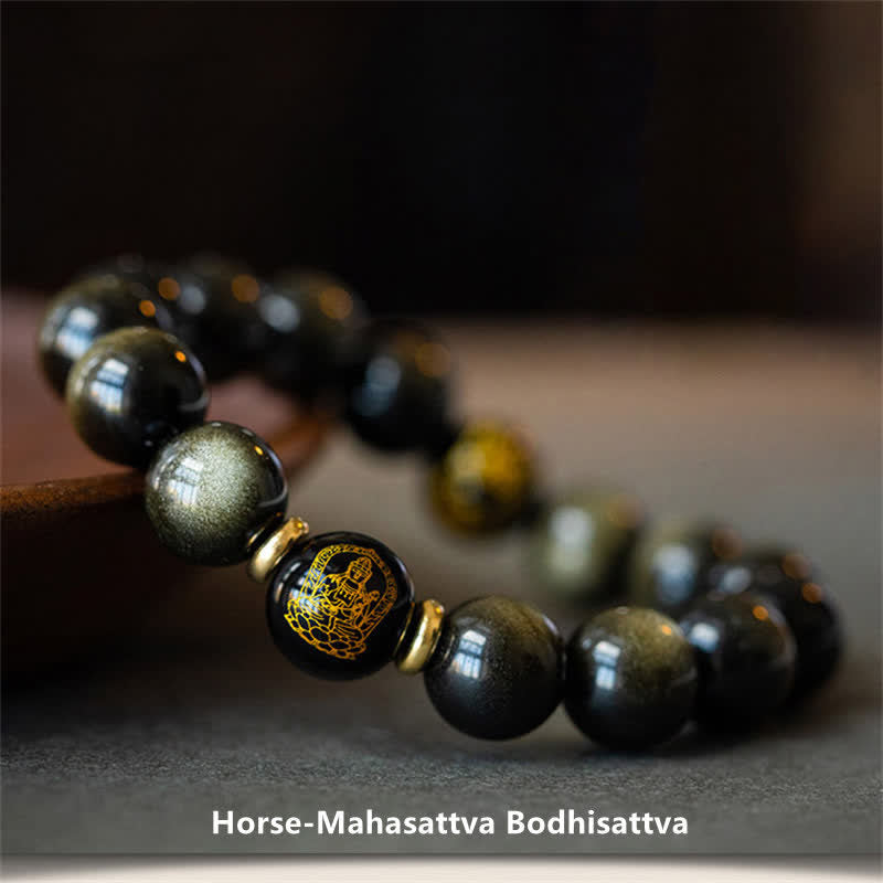 Nimara Ritual Chinese Zodiac Natal Buddha Gold Sheen Obsidian Wealth Protection Bracelet