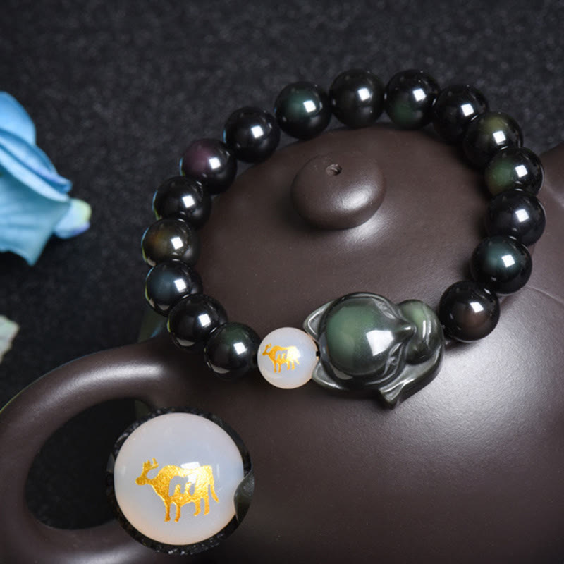 Nimara Ritual Natural Rainbow Obsidian Gold Sheen Obsidian Silver Sheen Obsidian Fox Healing Bracelet