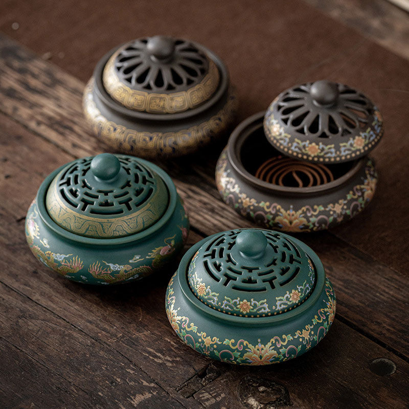 Nimara Ritual Dragon Floral Pattern Backflow Smoke Fountain Ceramic Meditation Incense Burner Decoration