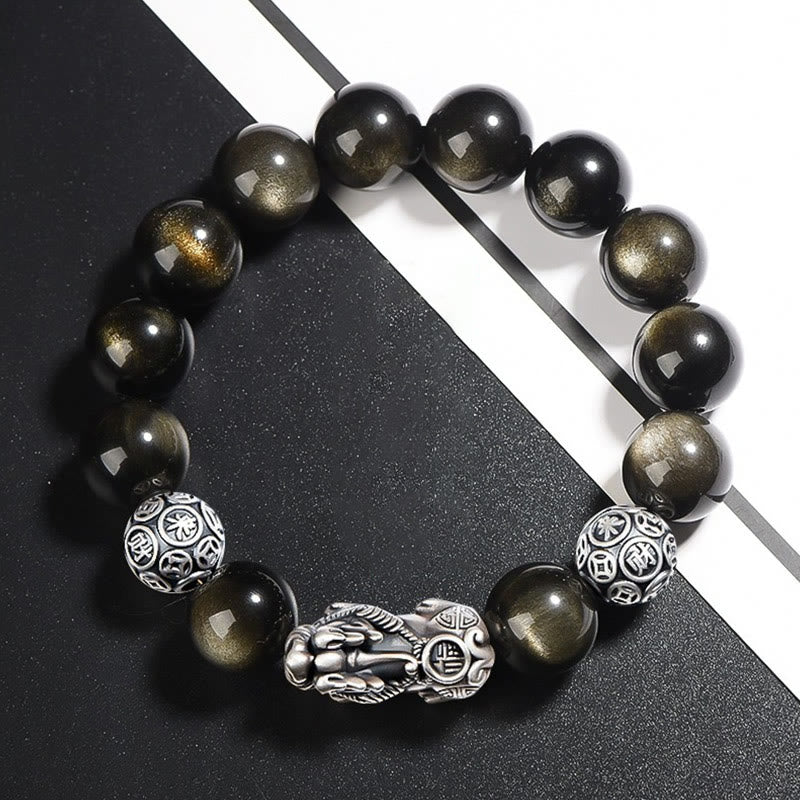 Nimara Ritual 925 Sterling Silver Natural Gold Sheen Obsidian PiXiu Wealth Protection Bracelet