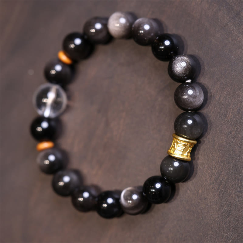 Nimara Ritual Natural Silver Sheen Obsidian Crystal Om Mani Padme Hum Bead Protection Bracelet
