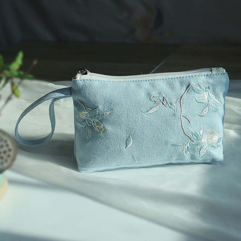 Nimara Ritual Small Flower Plum Cherry Crane Peach Blossom Embroidery Canvas Wallet Shopping Purse