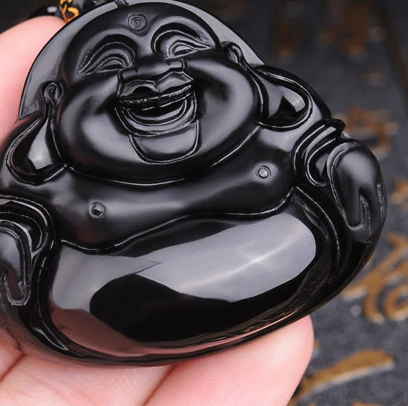 Nimara Ritual Laughing Buddha Black Obsidian Transformation Pendant Necklace