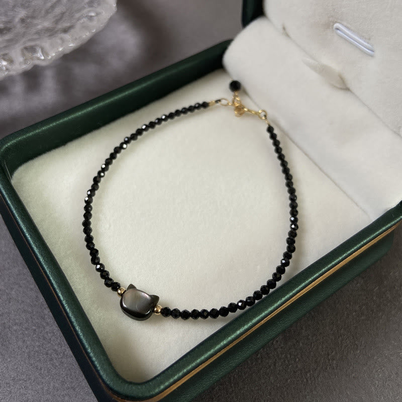 Nimara Ritual 14K Gold Plated Black Spinel White Crystal Cute Cat Tridacna Stone Healing Bracelet