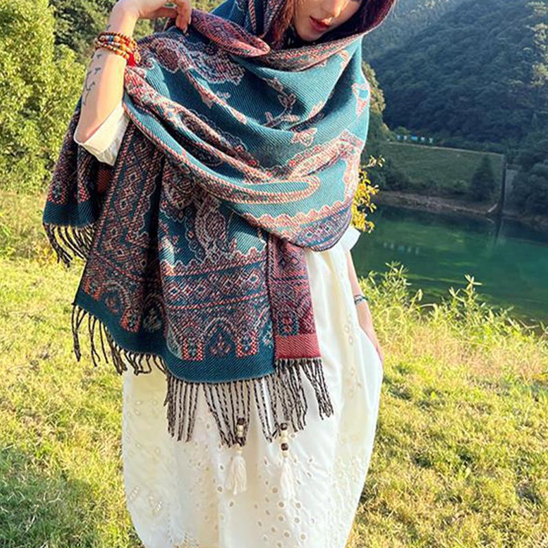 Nimara Ritual Vintage Tibetan Leaves Pattern Design Shawl Cozy Travel Scarf Wrap